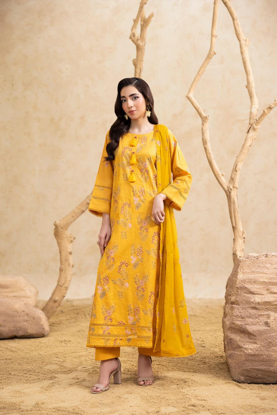 Mustard Yellow 3-Pc's Embroidered Ready to Wear - Threads & Weaves