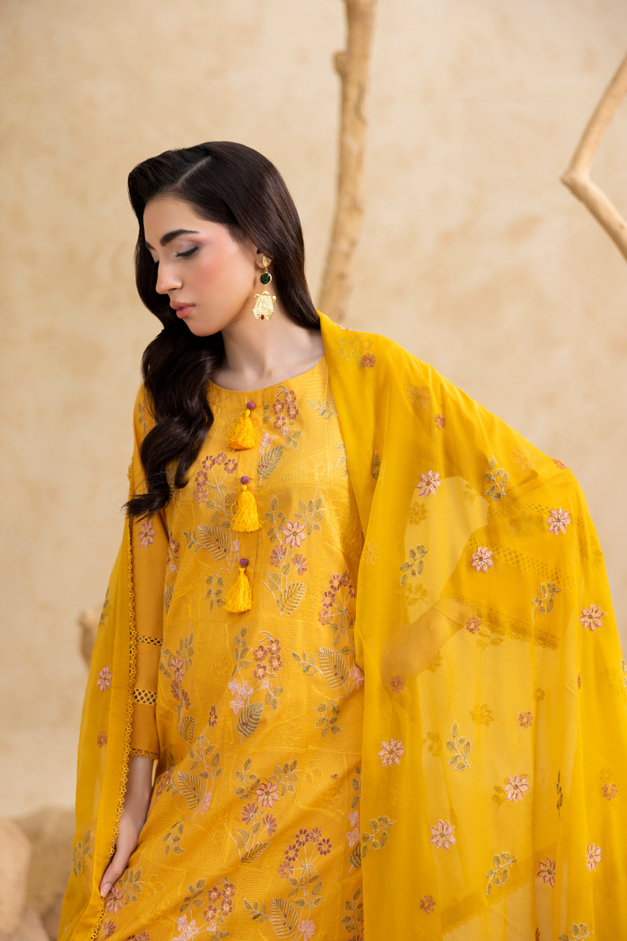 Mustard Yellow 3-Pc's Embroidered Ready to Wear - Threads & Weaves