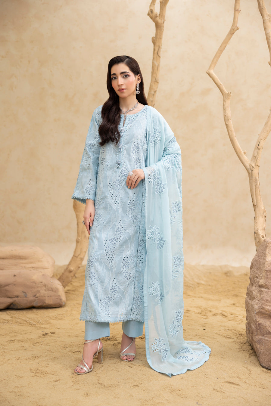 Aqua Chikankari 3-Pc's Embroidered Ready to Wear - Threads & Weaves