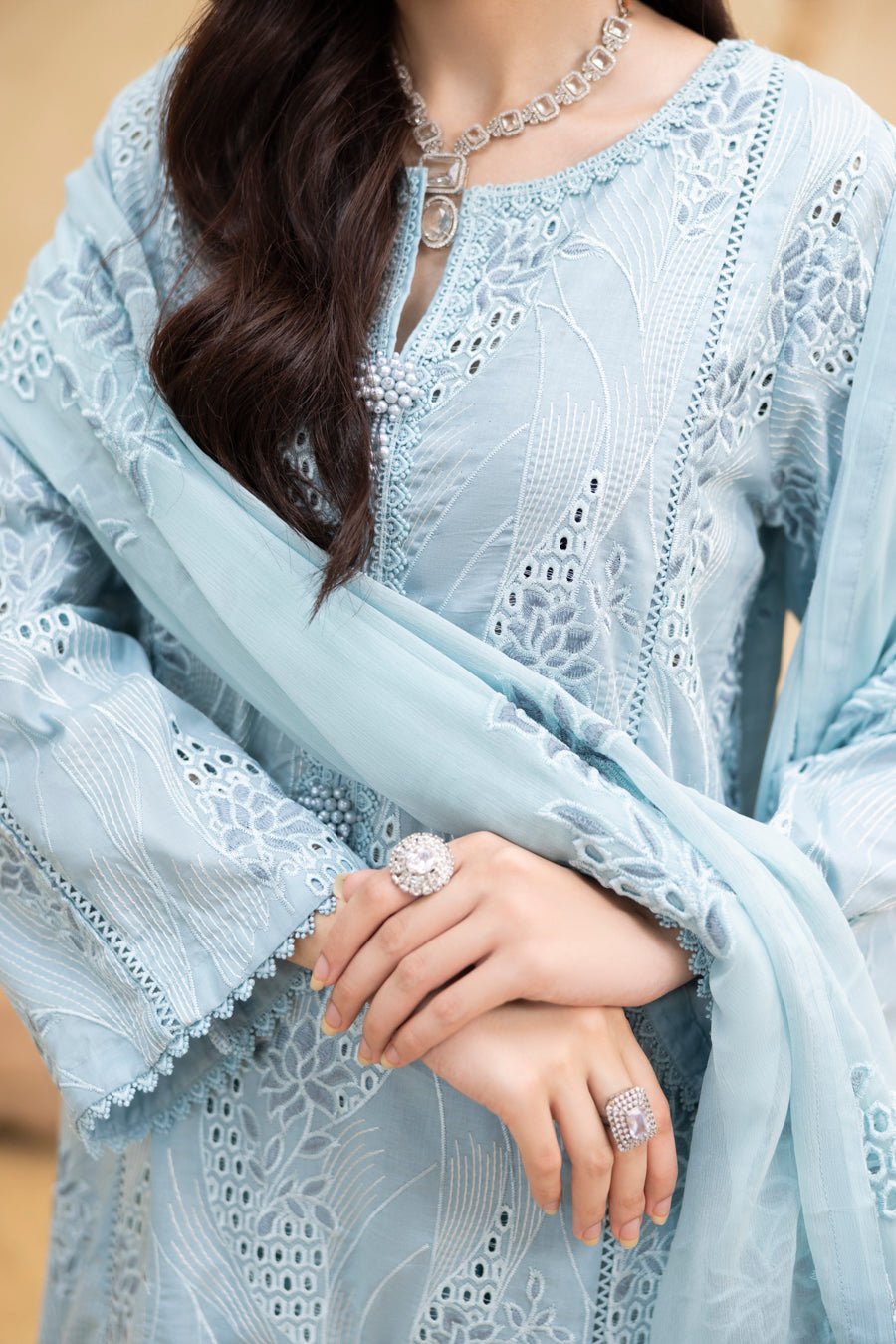 Aqua Chikankari 3-Pc's Embroidered Ready to Wear - Threads & Weaves