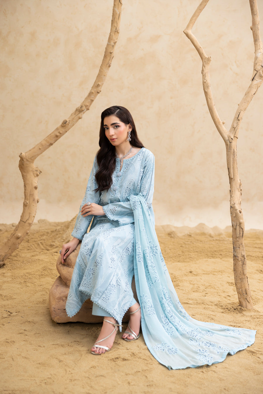 Aqua Chikankari 3-Pc's Embroidered Ready to Wear - Threads & Weaves