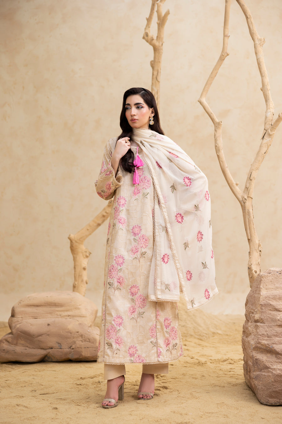 Skin Beige 3-Pc's Embroidered Ready to Wear - Threads & Weaves