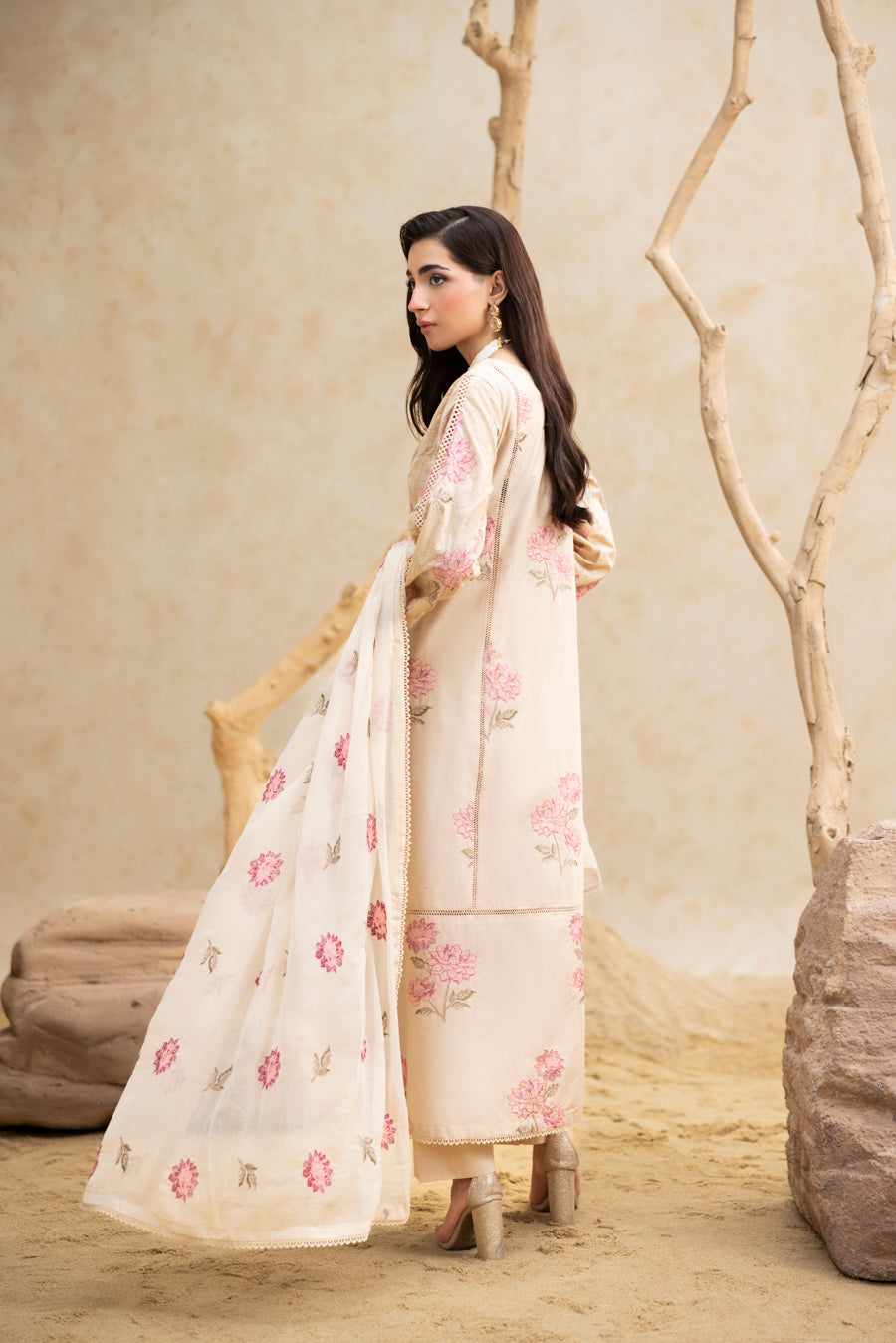 Skin Beige 3-Pc's Embroidered Ready to Wear - Threads & Weaves
