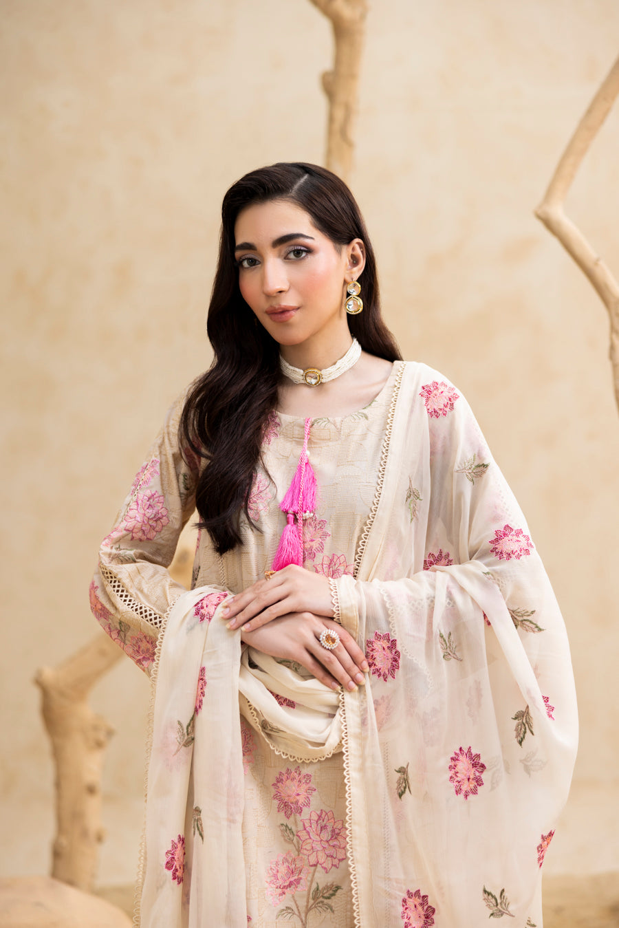 Skin Beige 3-Pc's Embroidered Ready to Wear - Threads & Weaves