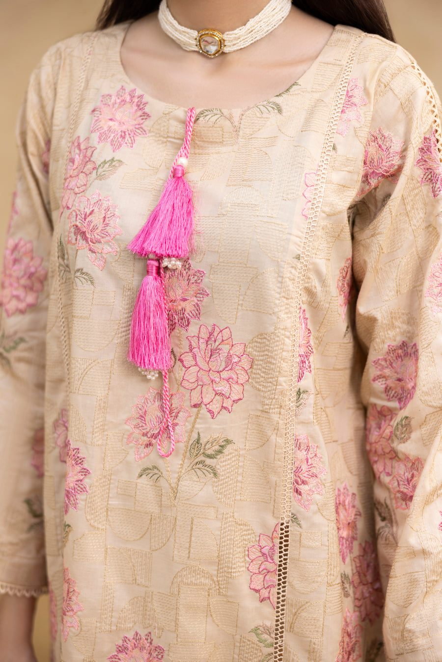 Skin Beige 3-Pc's Embroidered Ready to Wear - Threads & Weaves