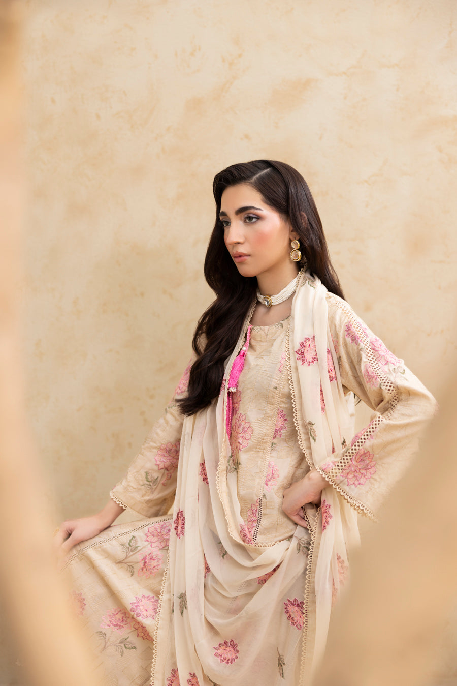 Skin Beige 3-Pc's Embroidered Ready to Wear - Threads & Weaves