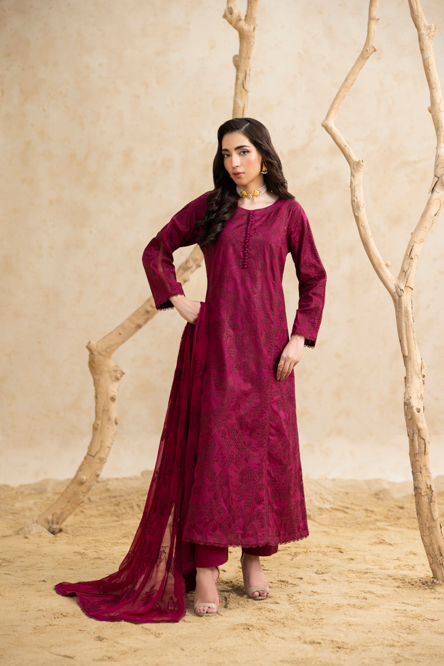 Burgundy 3-Pc's Embroidered Ready to Wear - Threads & Weaves