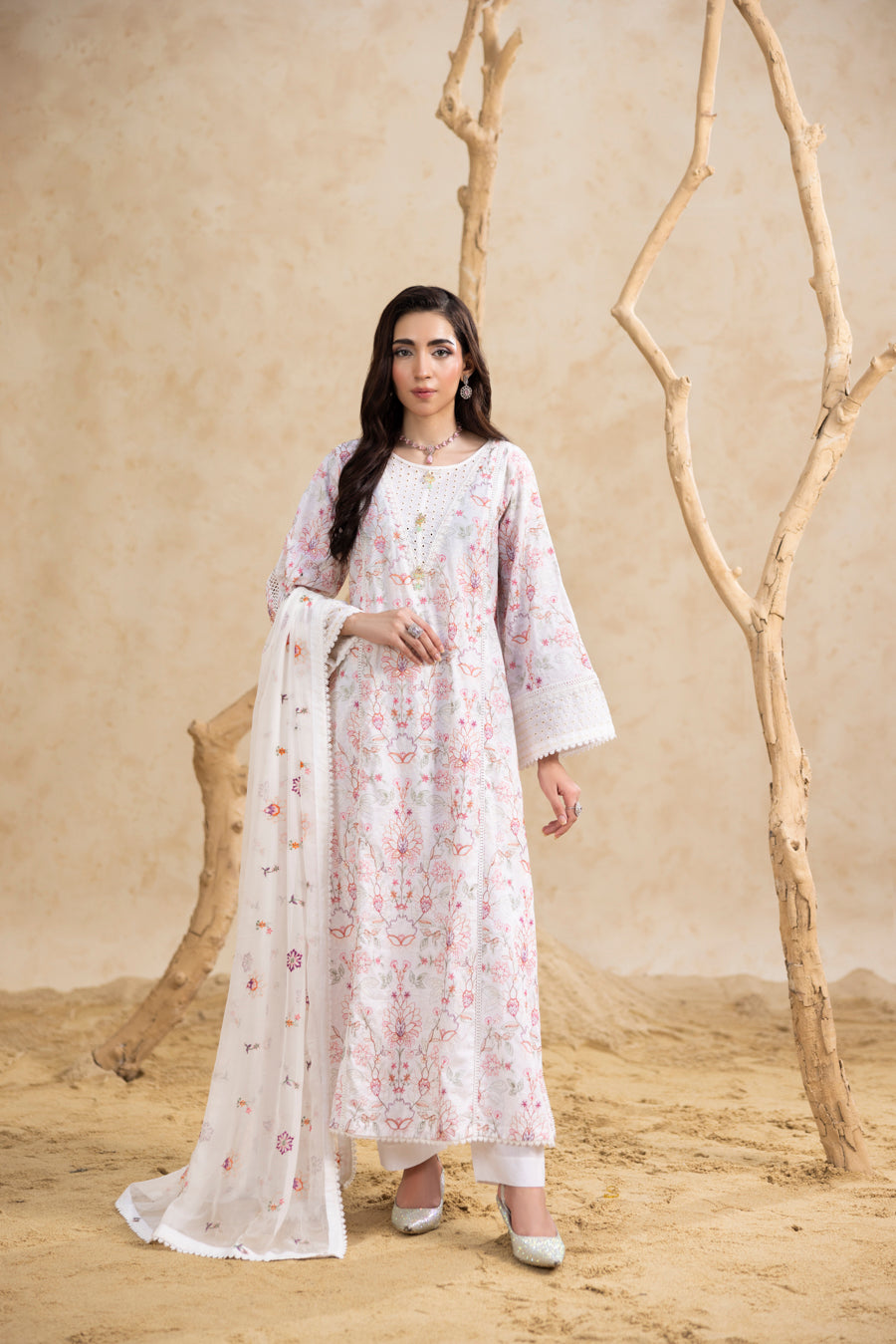 White 3-Pc's Embroidered Ready to Wear - Threads & Weaves