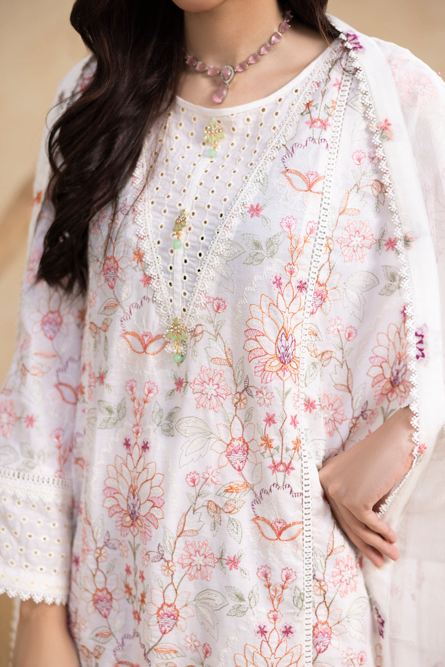 White 3-Pc's Embroidered Ready to Wear - Threads & Weaves