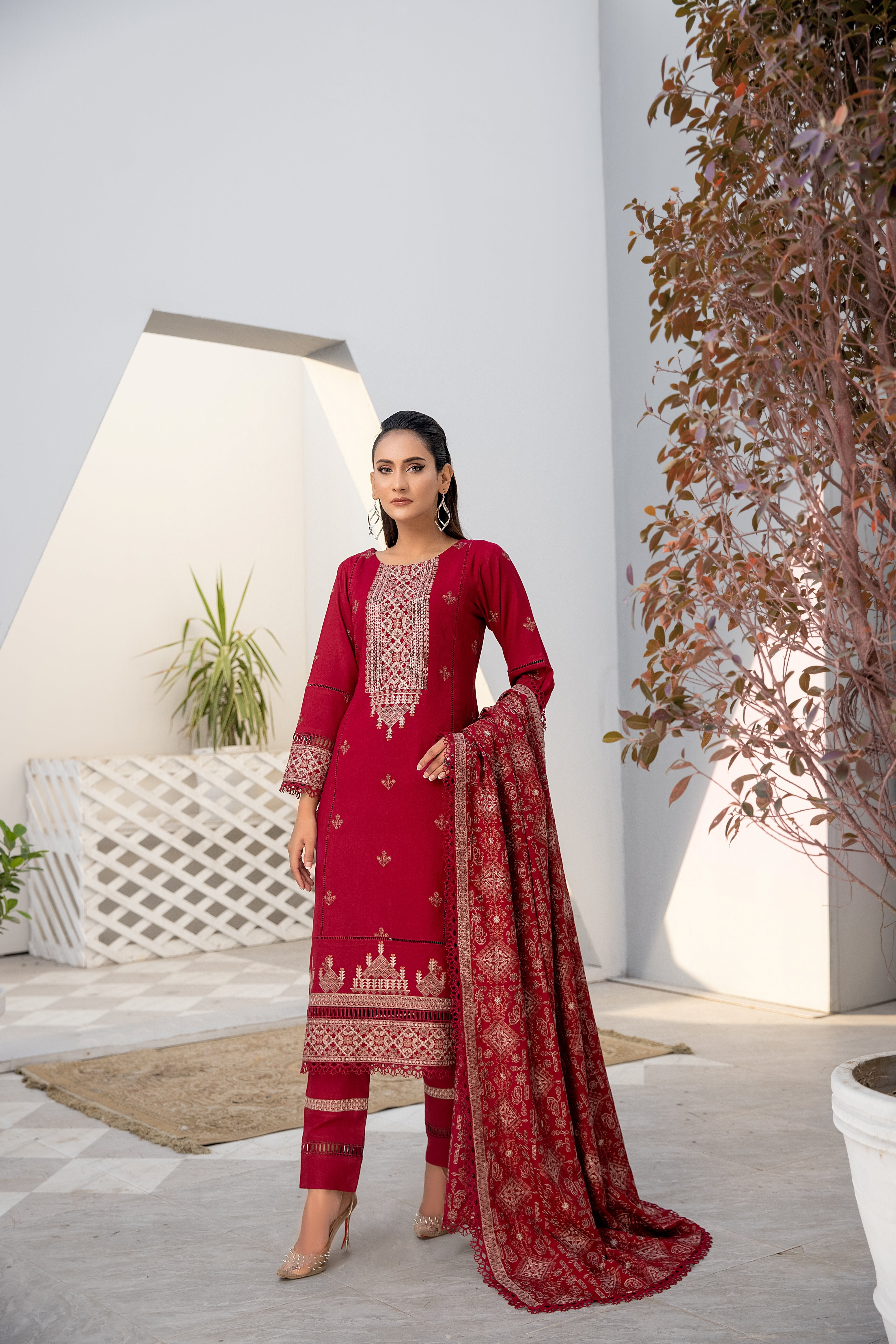 Winter dhanak 3-piece embroidered dress - unstitched - Threads & Weaves