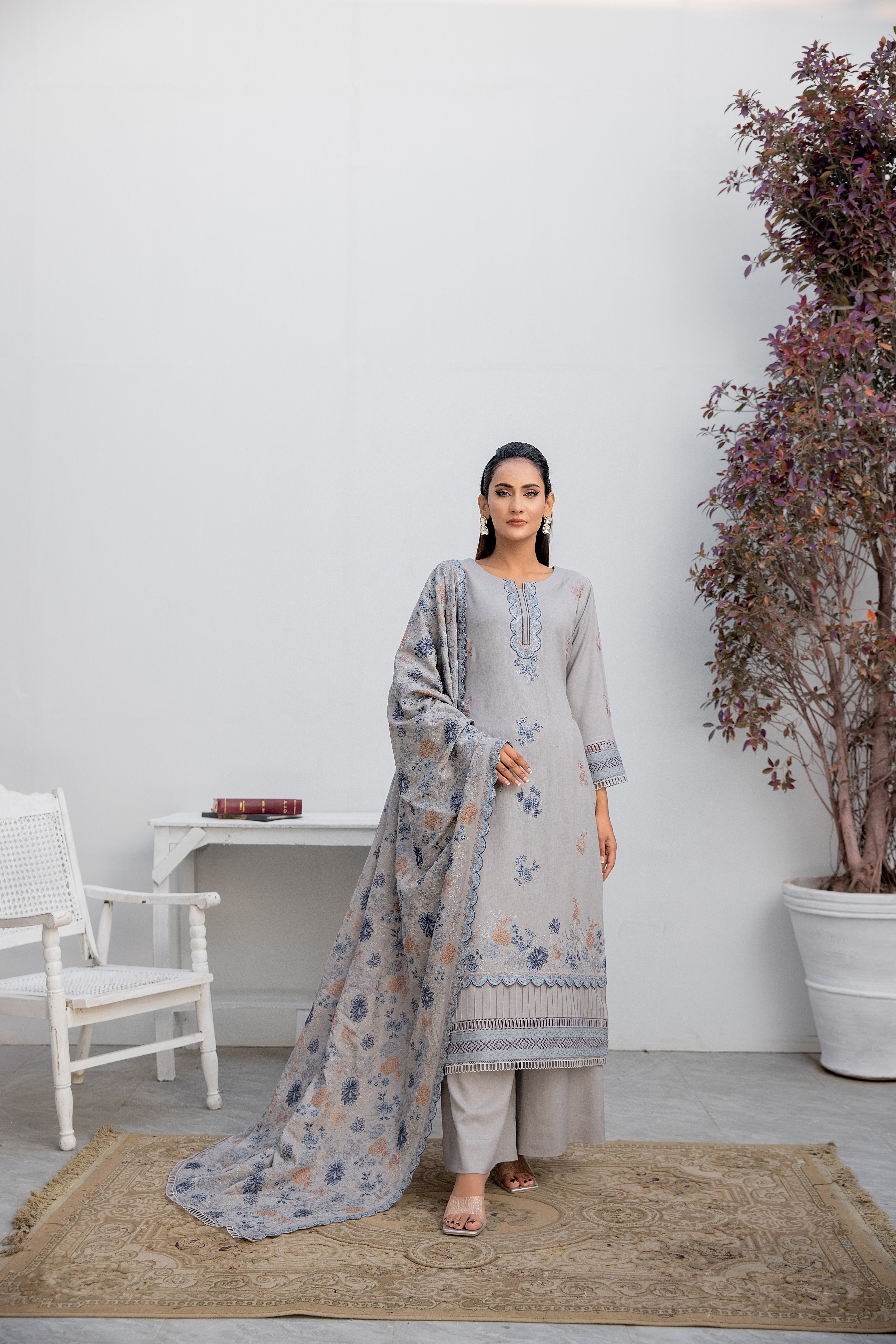 Winter dhanak suit frost grey - unstitched embroidered - Threads & Weaves