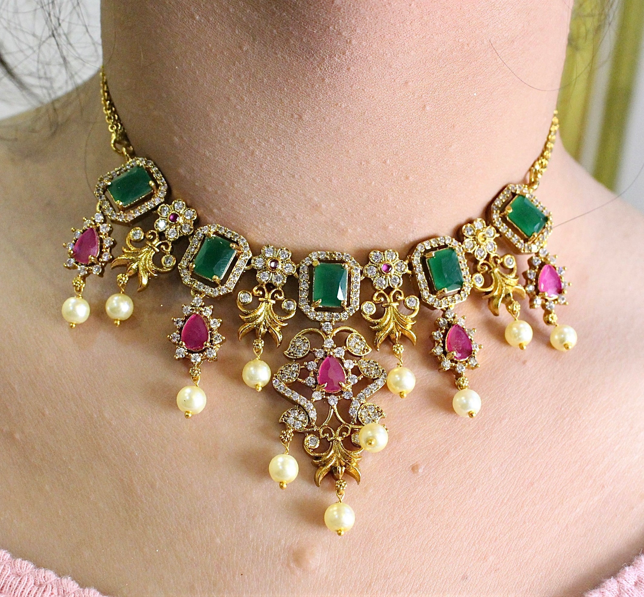 Multicolor Diamond Ganga Jamna Style Necklace - Aloro Jewels