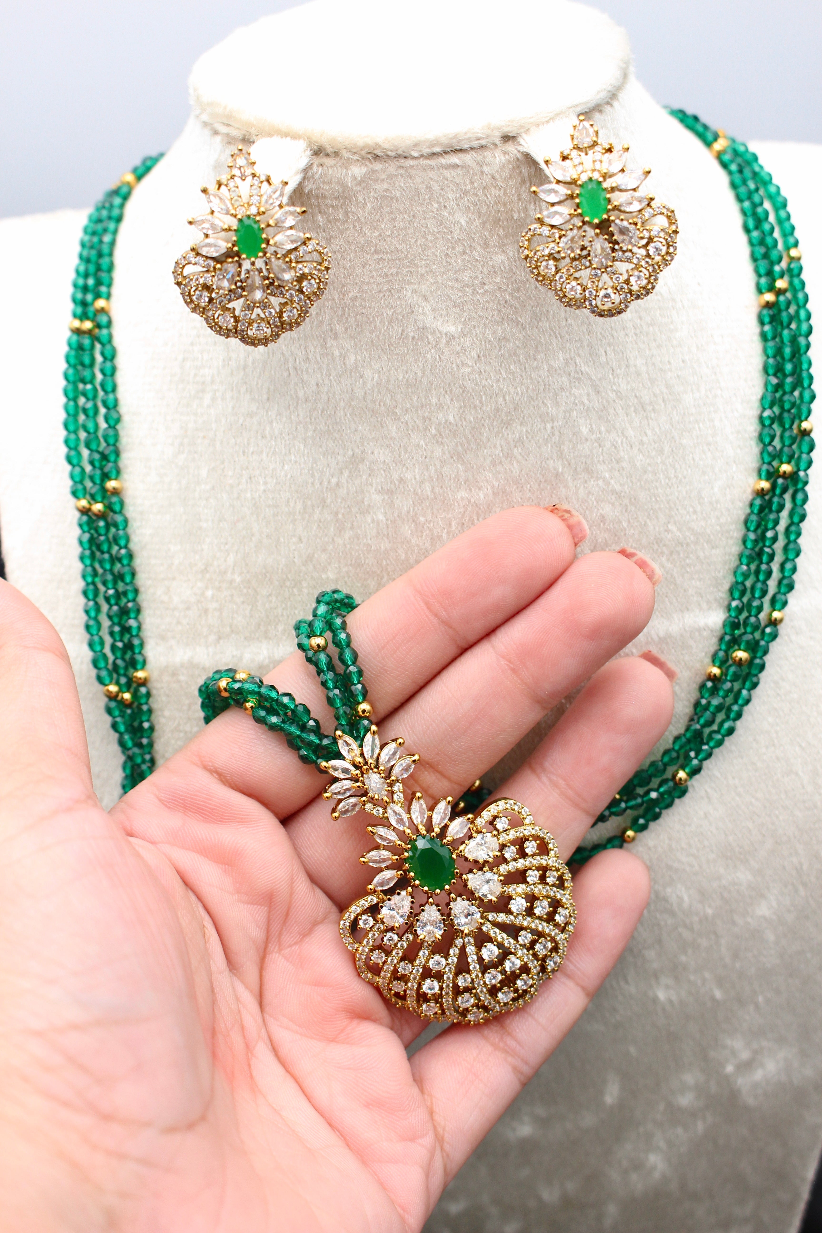 Zumurd American Diamond And Emerald Mala - Aloro Jewels