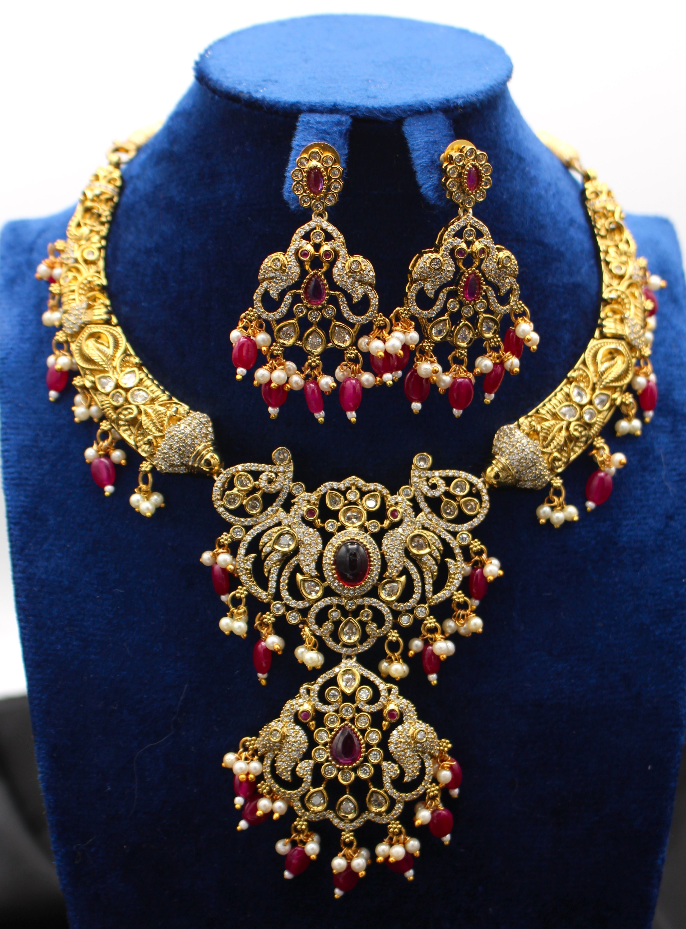 Victorian Style Kundan Necklace With Earrings - Aloro Jewels
