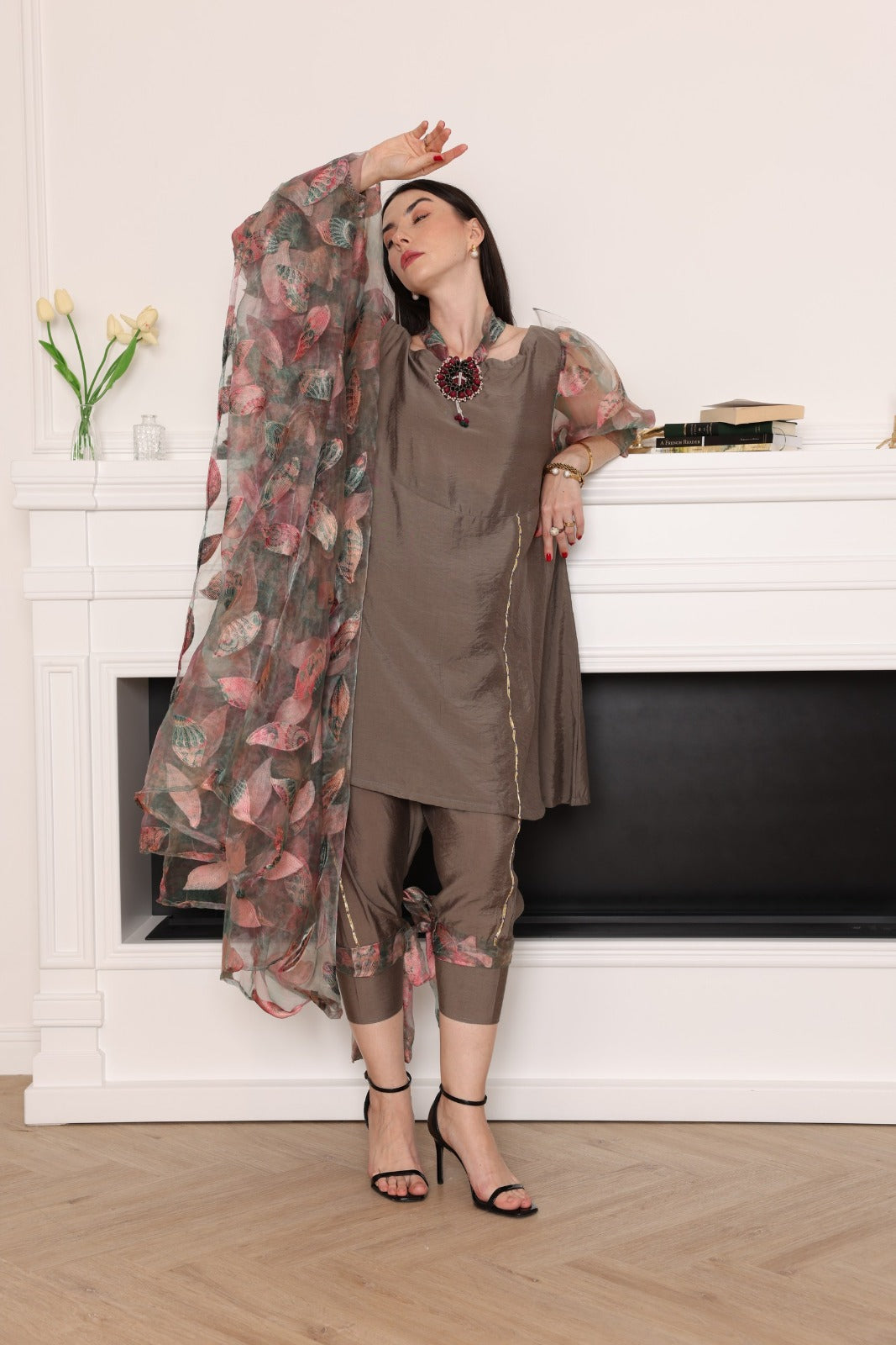 Elegant 3-Piece Silk Ensemble with Floral Dupatta - Meemseen Independent