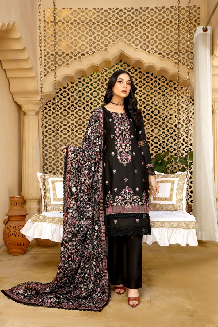 Black dhanak embroidered suit - unstitched - Threads & Weaves