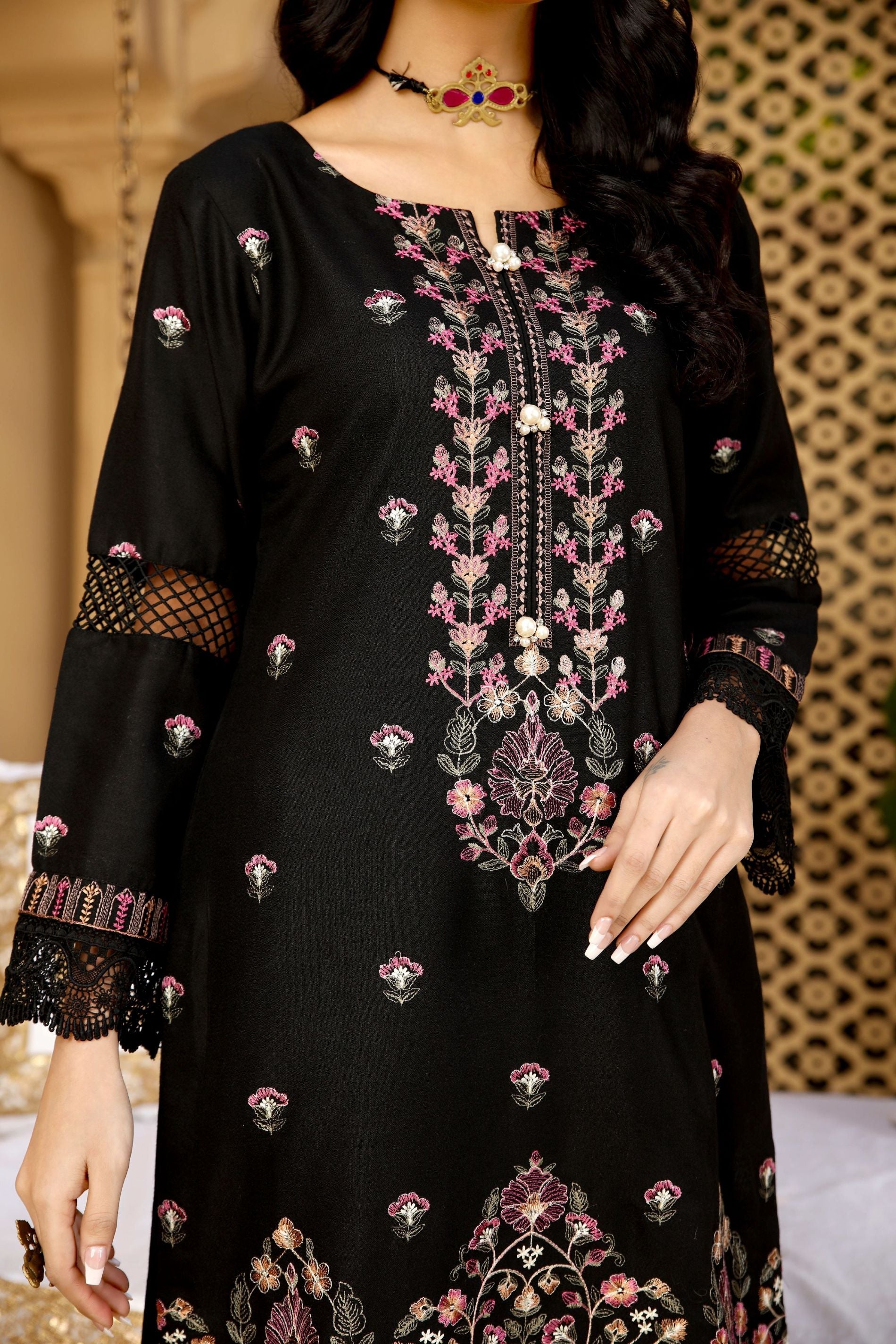 Black Dhanak Embroidered 3-Piece Suit - Threads & Weaves
