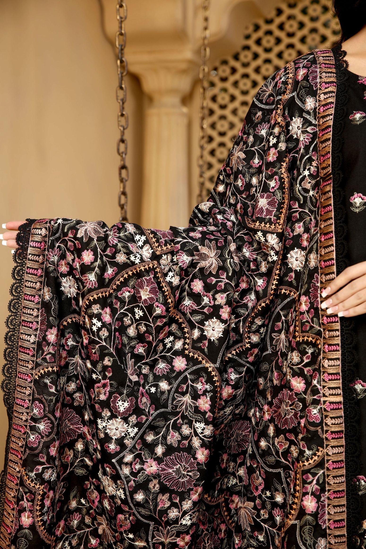 Black Dhanak Embroidered 3-Piece Suit - Threads & Weaves