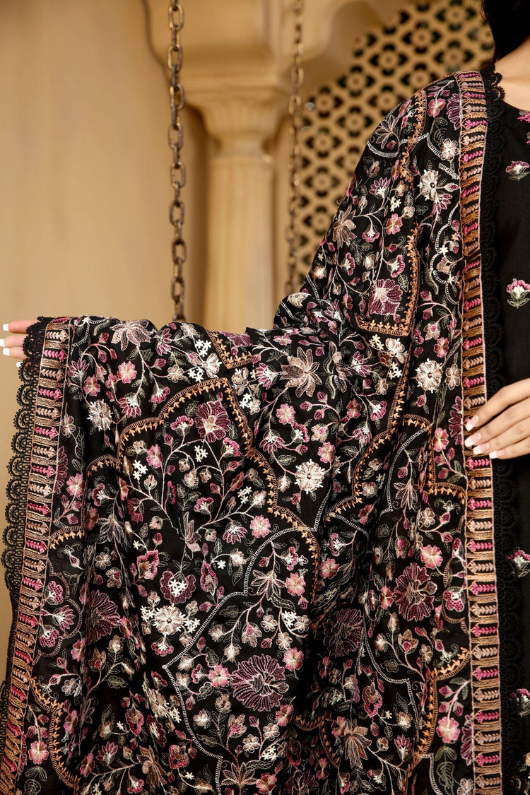 Black Dhanak Embroidered 3-Piece Suit - Threads & Weaves