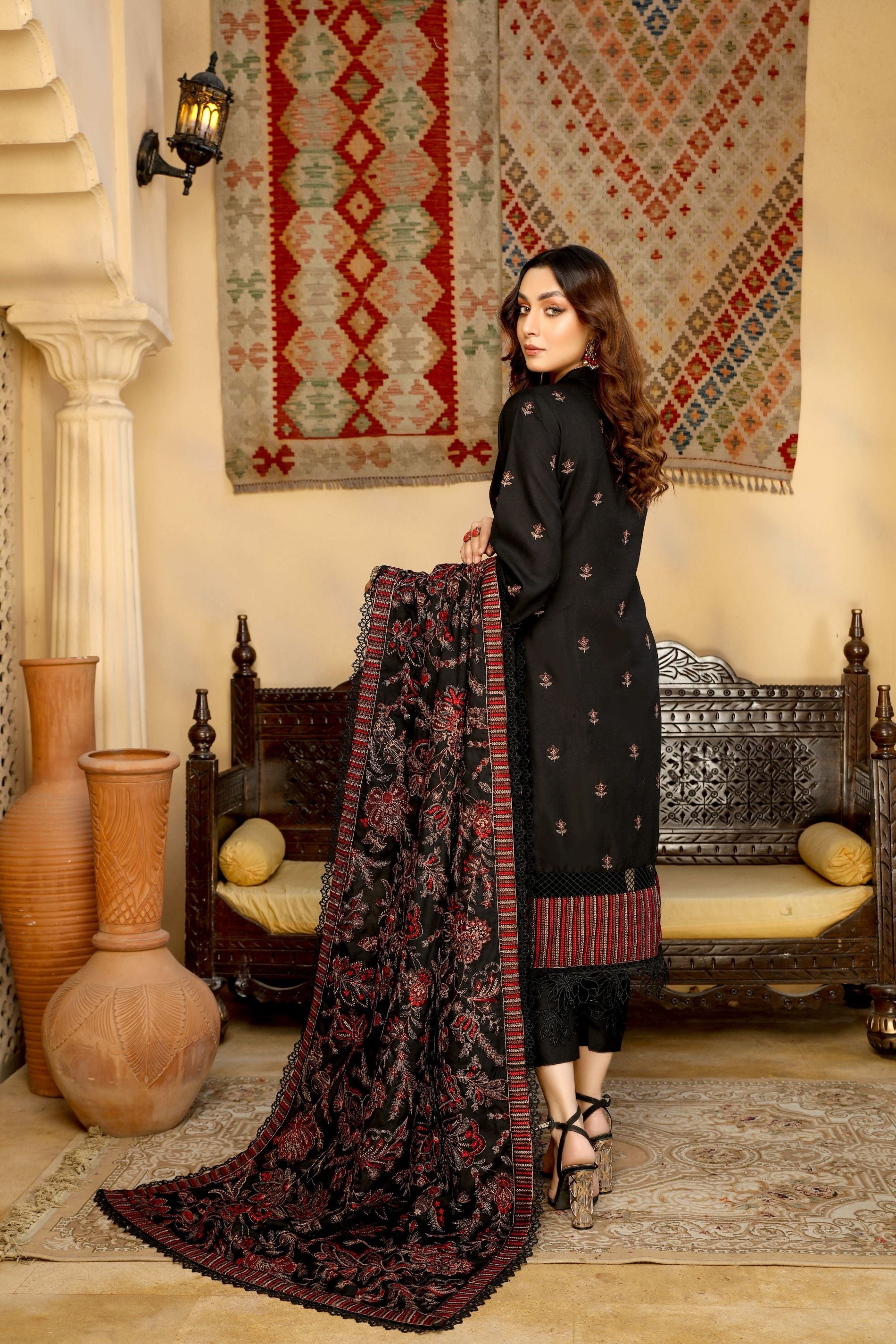 Black & Maroon Dhanak Embroidered 3-Piece Suit - Threads & Weaves