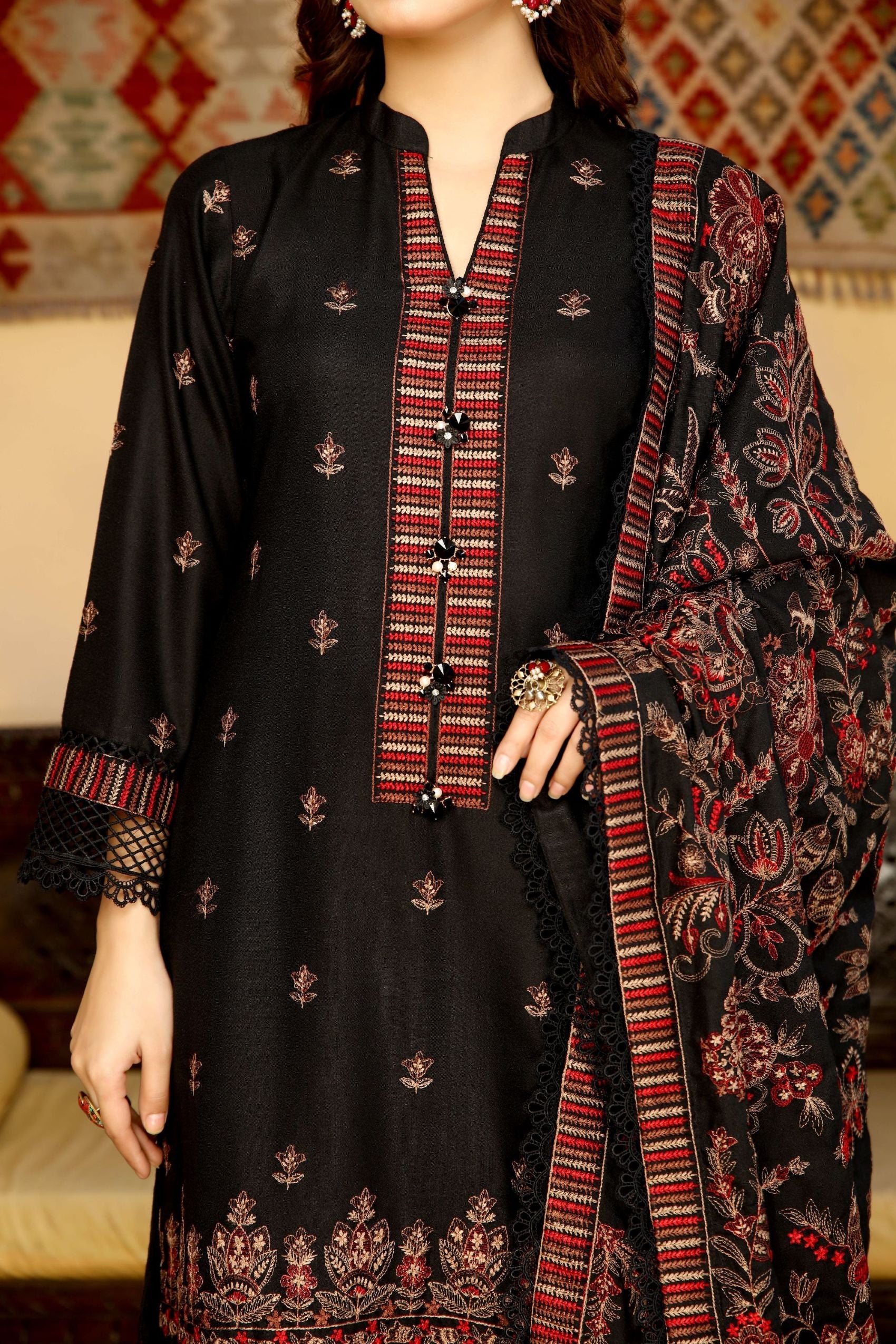 Black & Maroon Dhanak Embroidered 3-Piece Suit - Threads & Weaves