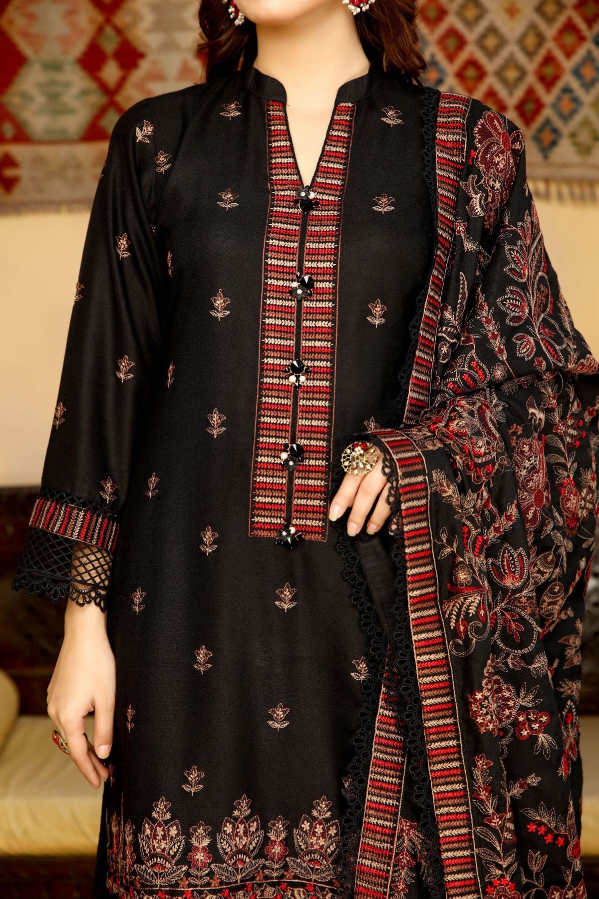 Black & Maroon Dhanak Embroidered 3-Piece Suit - Threads & Weaves