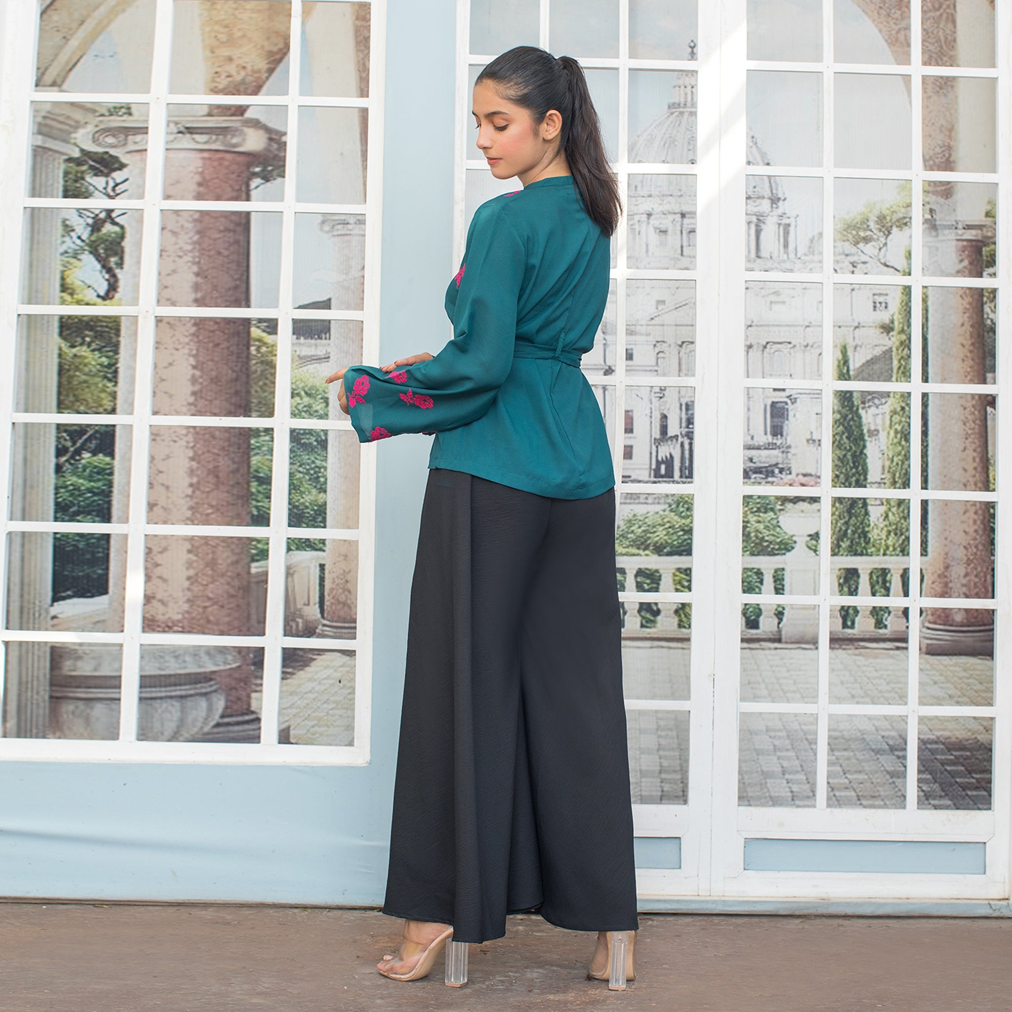 Warm Green Embroidered Fusion Top 1 Piece