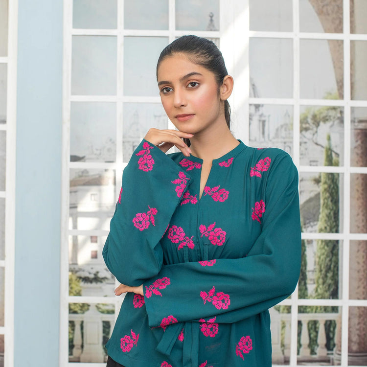 Warm Green Embroidered Fusion Top 1 Piece - Urban Cut