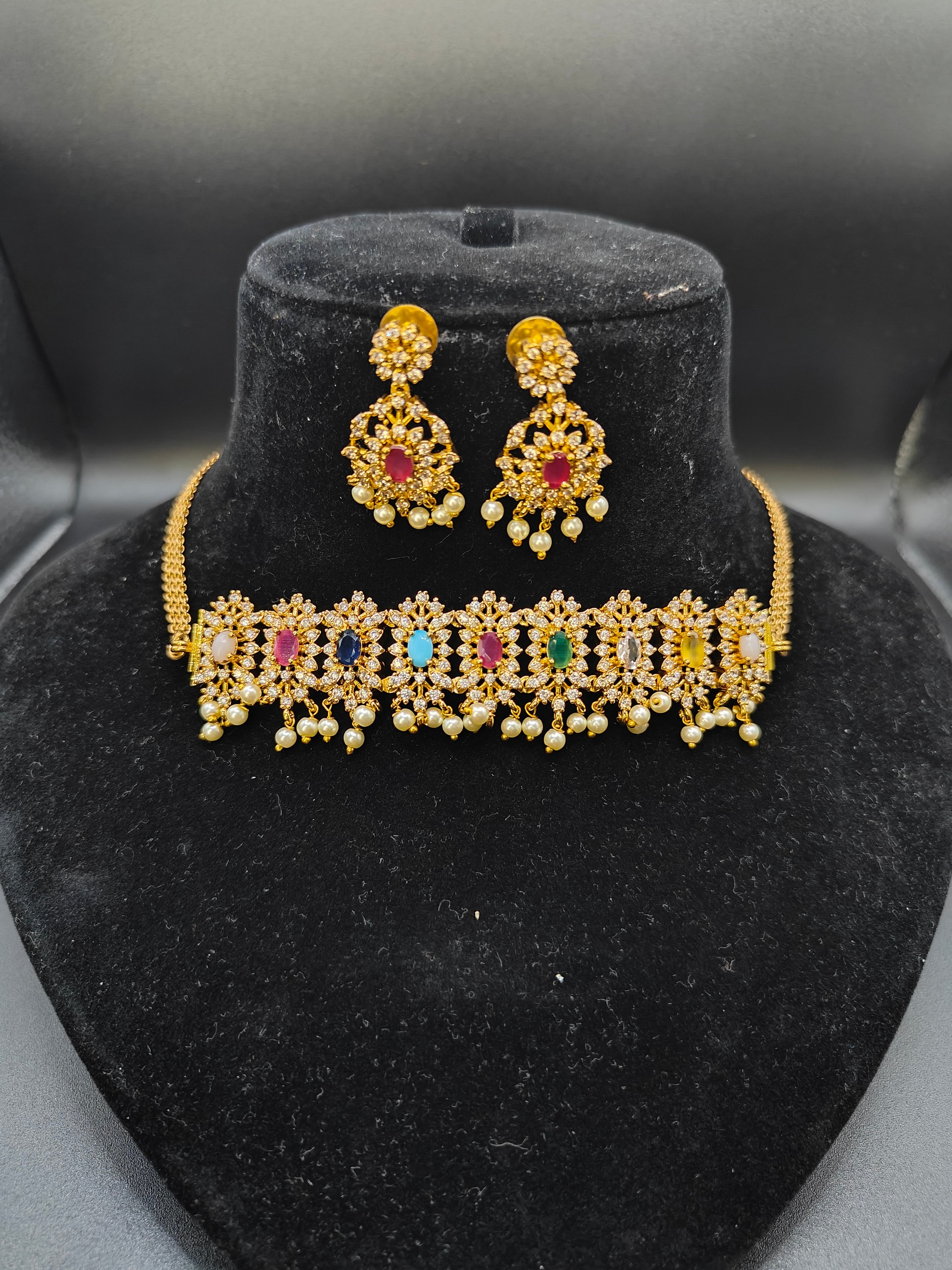 Gold Plated Naurattan Choker Necklace - Aloro Jewels