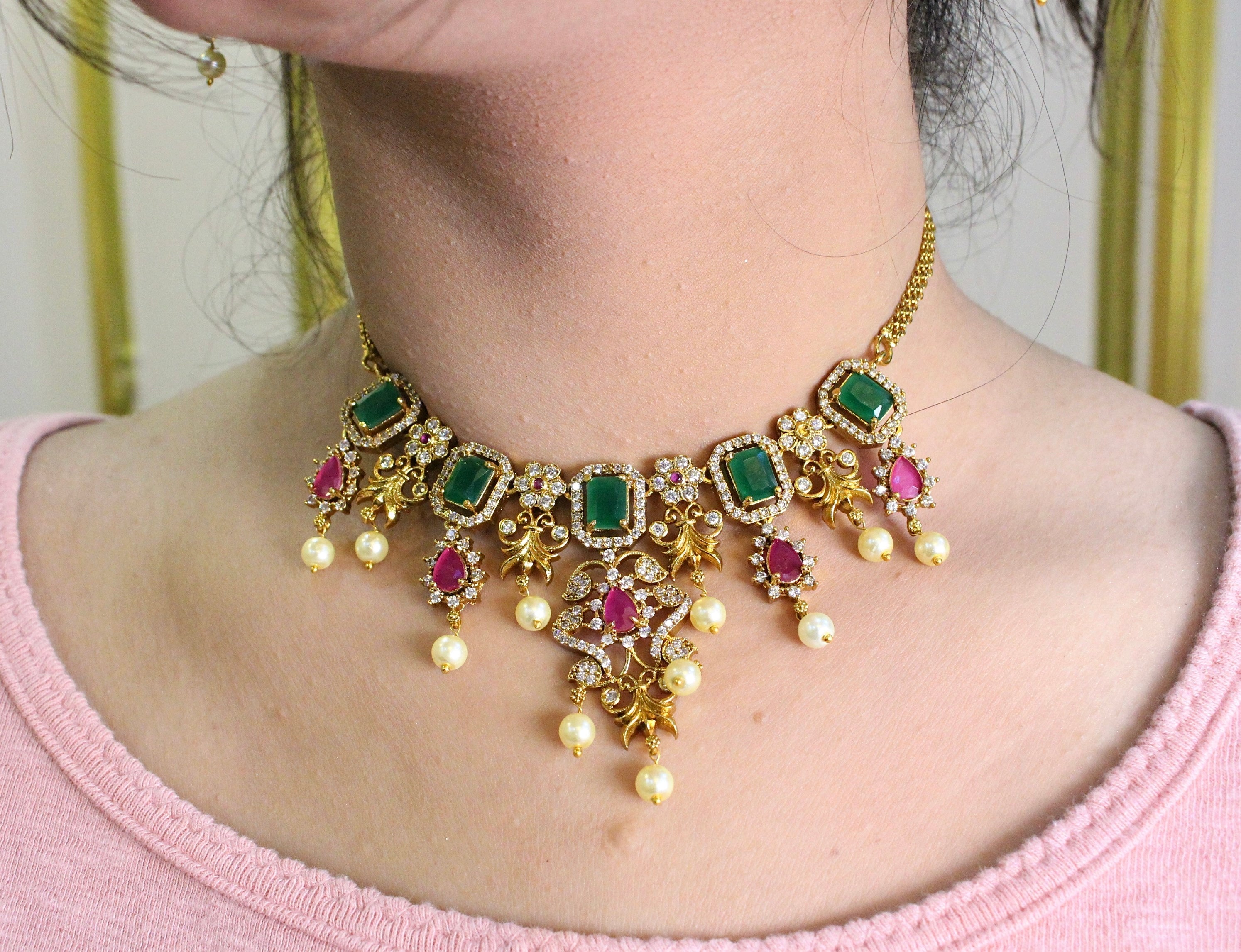 Multicolor Diamond Ganga Jamna Style Necklace - Aloro Jewels