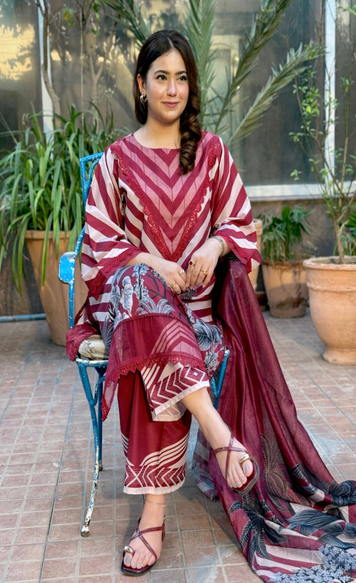 Gulnaar Maroon - Stitched 3 Pcs - Kala Jora