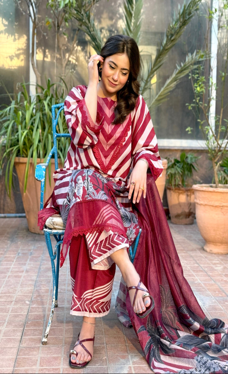 Gulnaar Maroon - Stitched 3 Pcs - Kala Jora