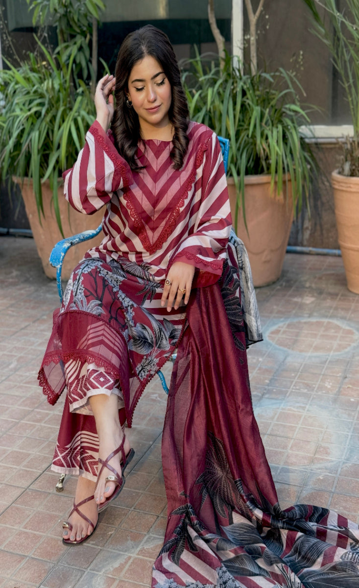 Gulnaar Maroon - Stitched 3 Pcs - Kala Jora