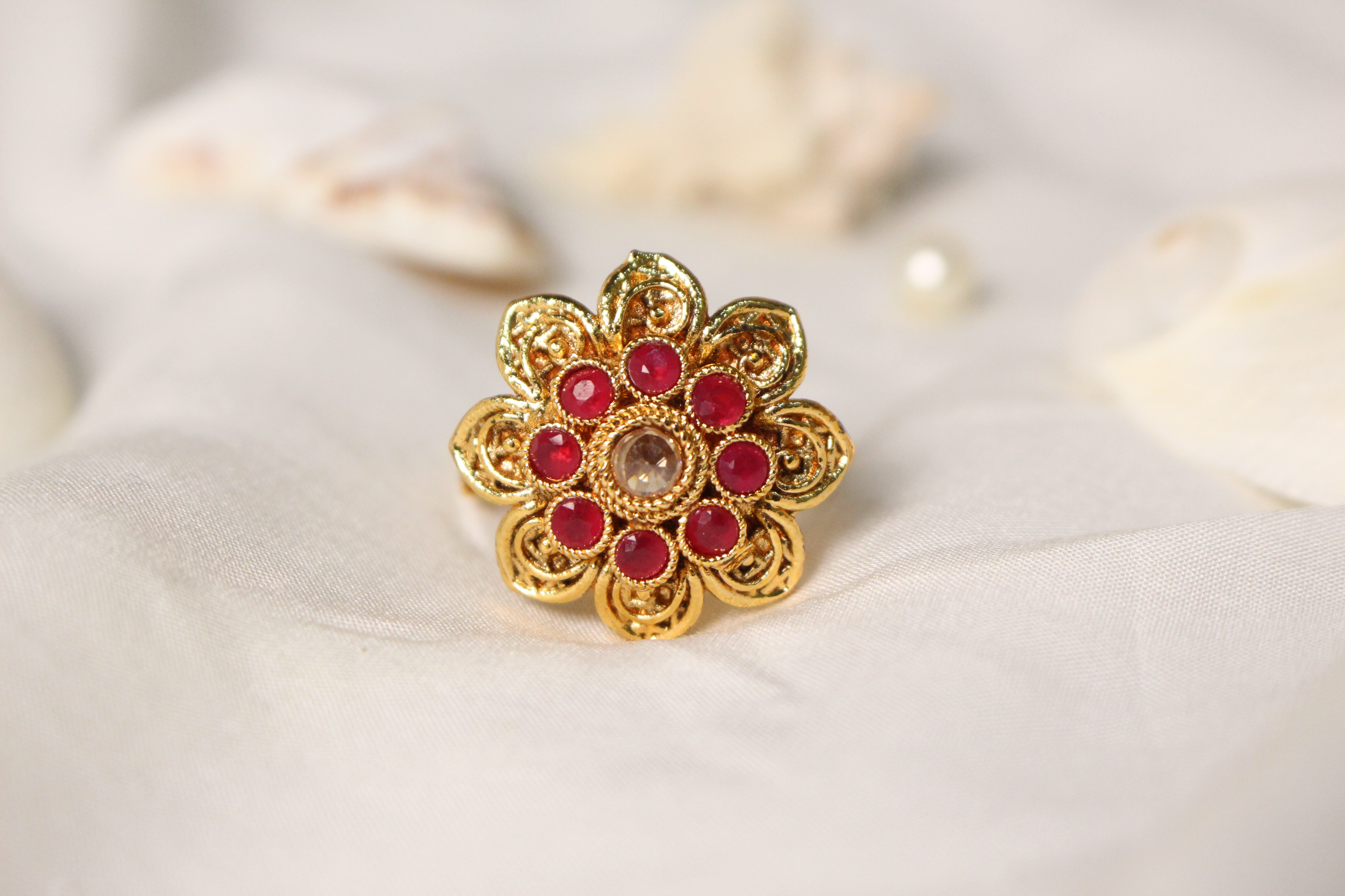 Flower Red Stones Ring - Aloro Jewels
