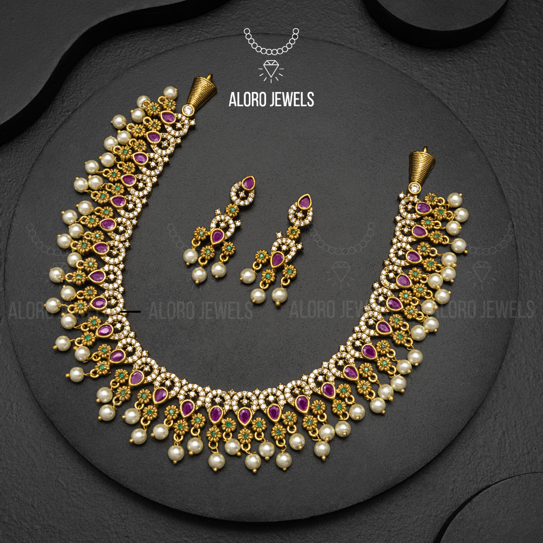 Gold Plated Jadau Necklace With Earrings - Aloro Jewels