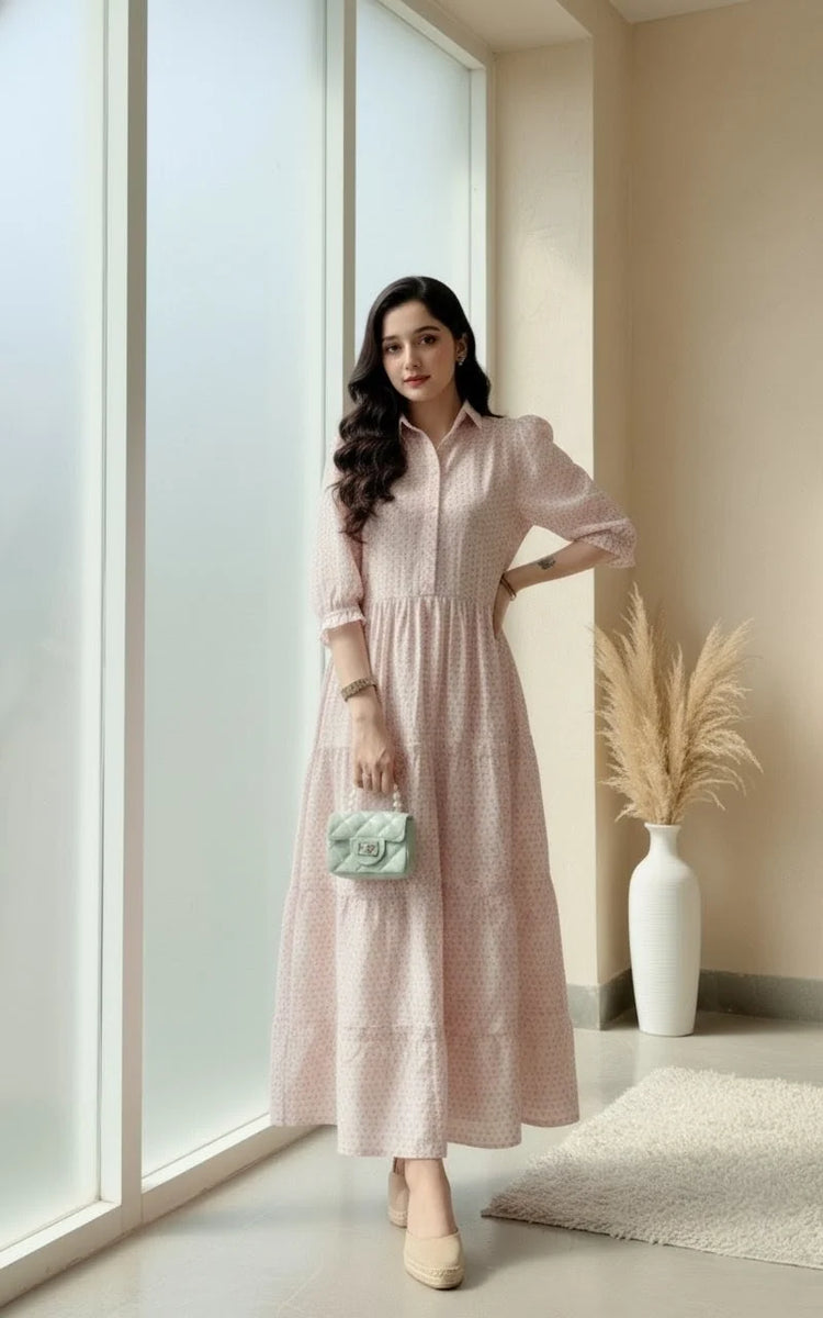 Light Pink Cotton Maxi Dress “ 1 Piece Casual Wear - Urban Cut