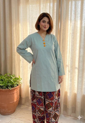 2 Piece Cotton Solid and Printed Co- Ord Set with Farshi Shalwar