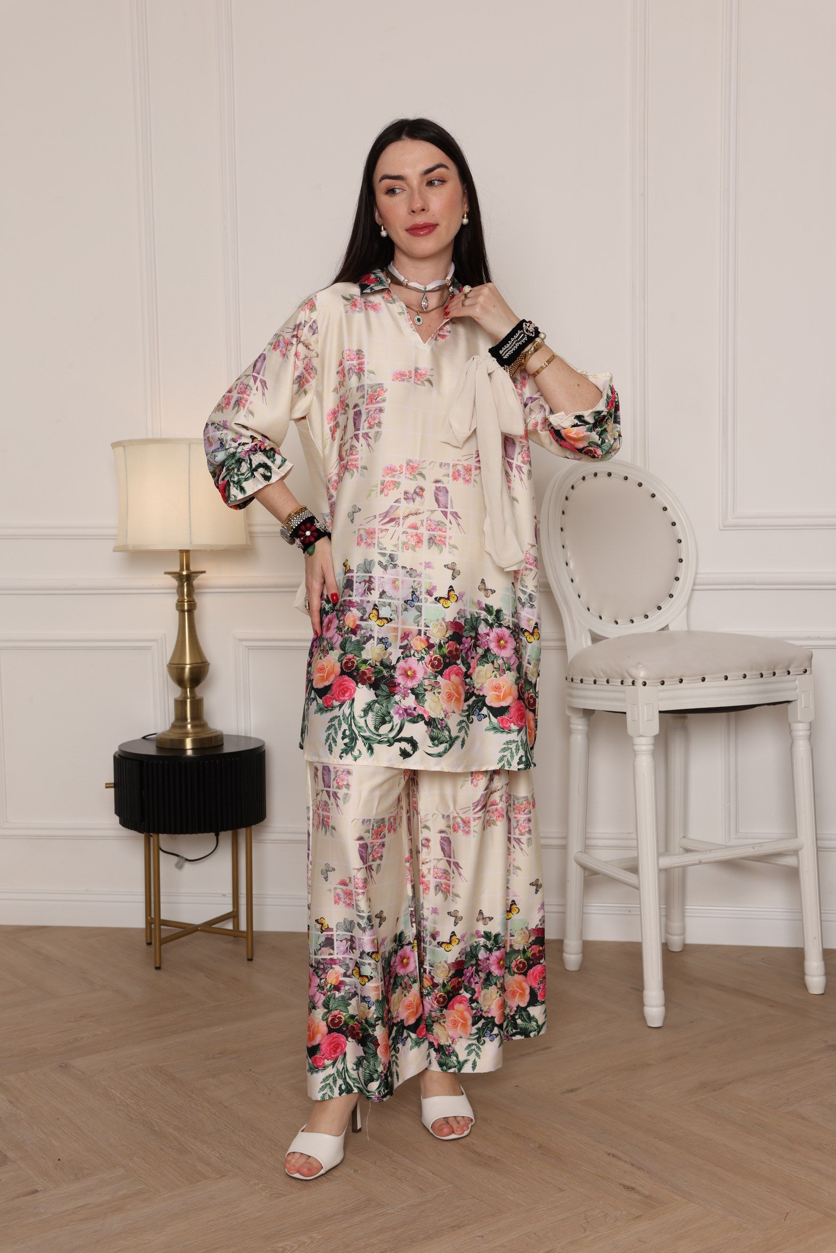 Women’s Satin Floral Printed 2-Piece Set – Shirt & Wide-Leg Trousers - Meemseen Independent