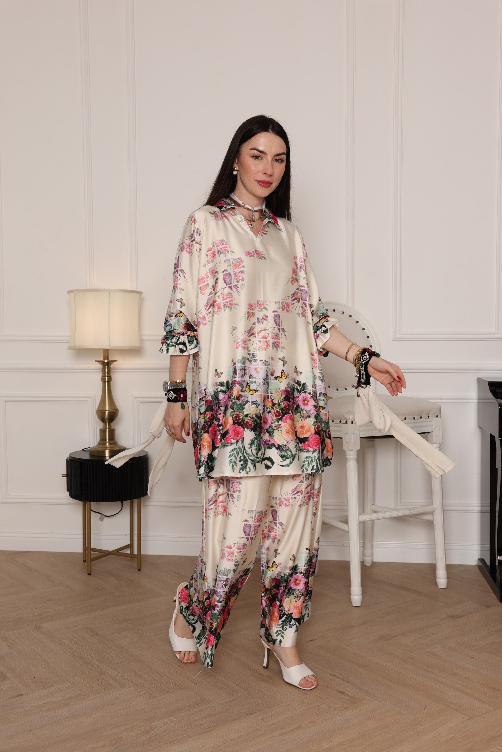 Women’s Satin Floral Printed 2-Piece Set – Shirt & Wide-Leg Trousers - Meemseen Independent