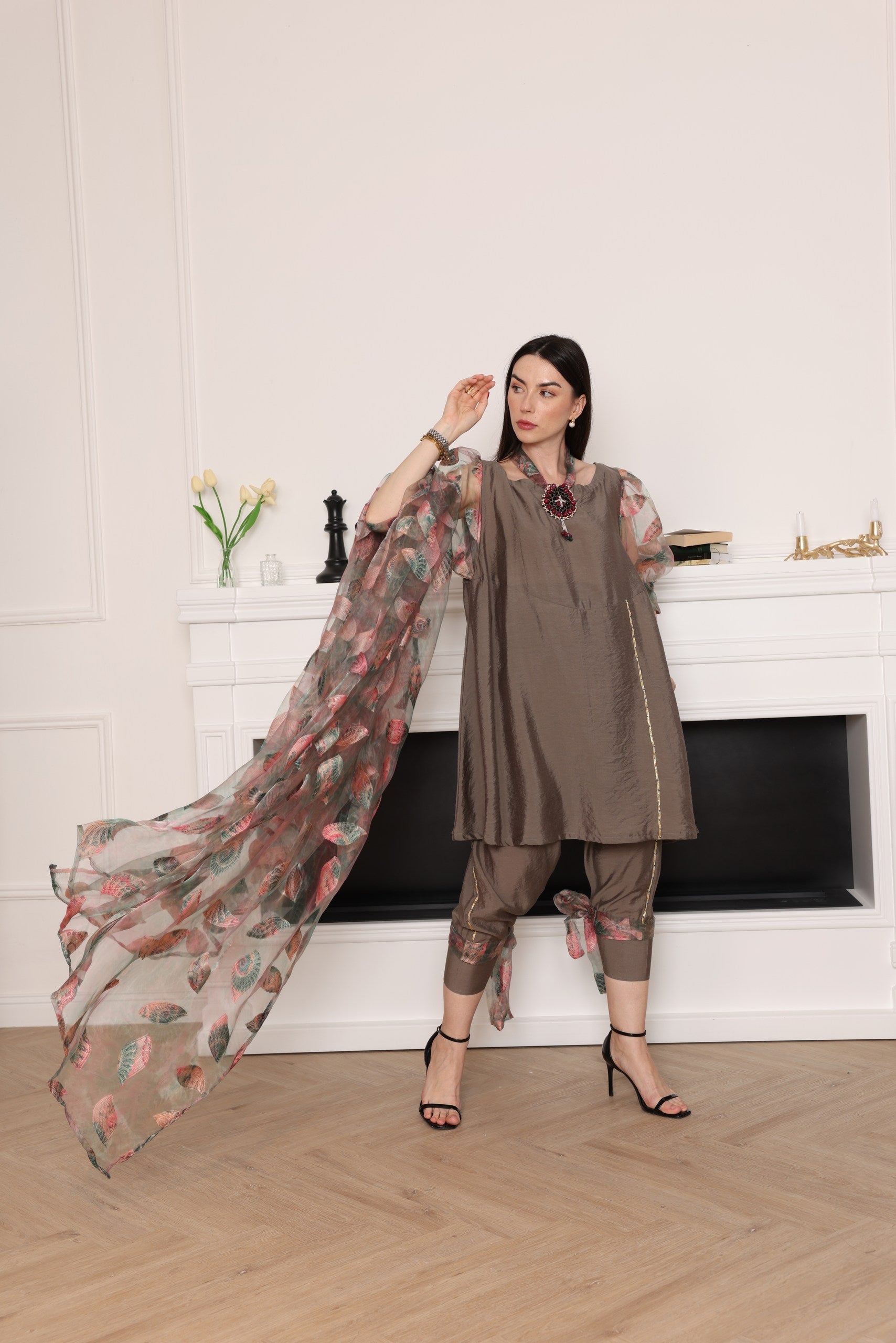 Elegant 3-Piece Silk Ensemble with Floral Dupatta - Meemseen Independent