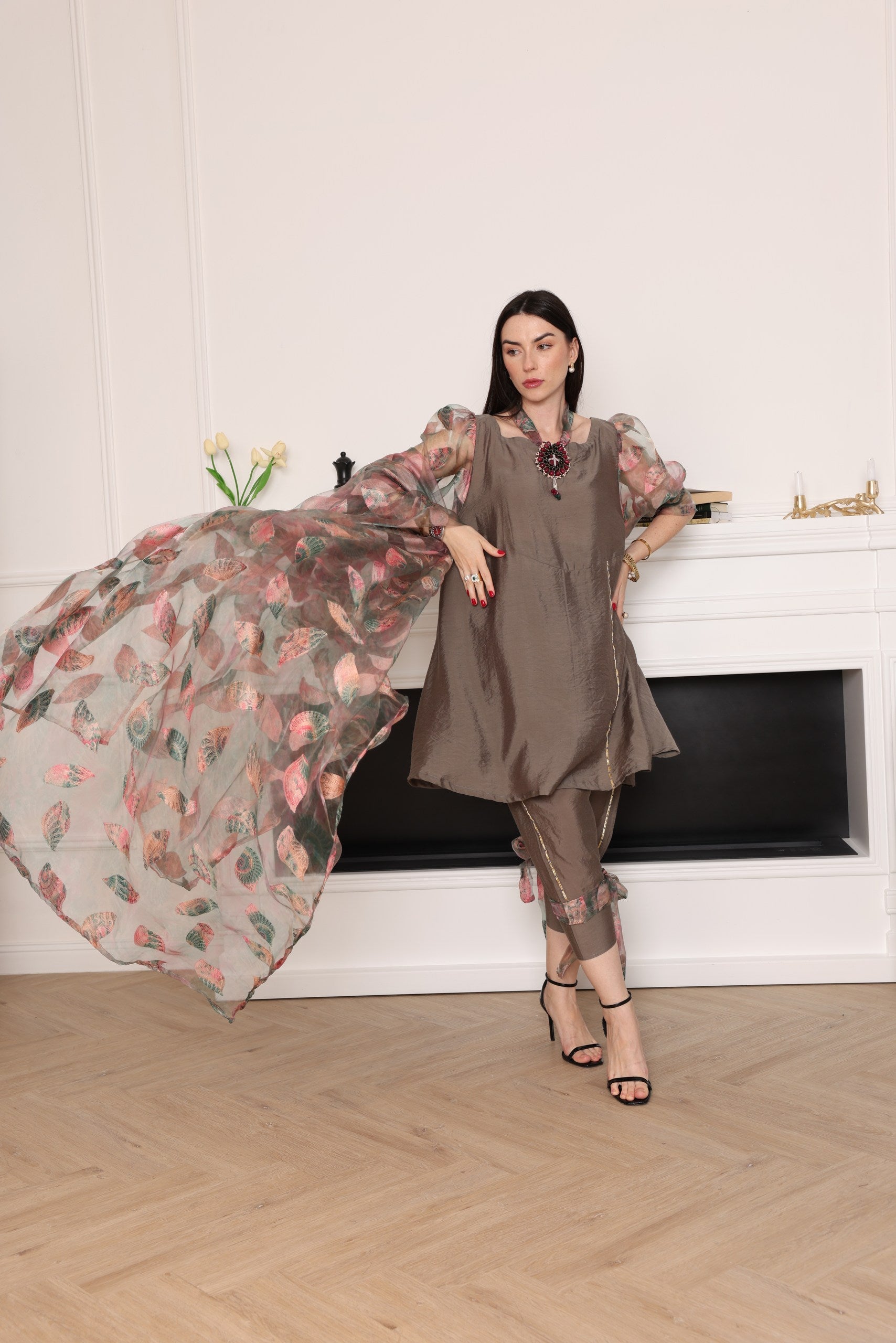 Elegant 3-Piece Silk Ensemble with Floral Dupatta - Meemseen Independent