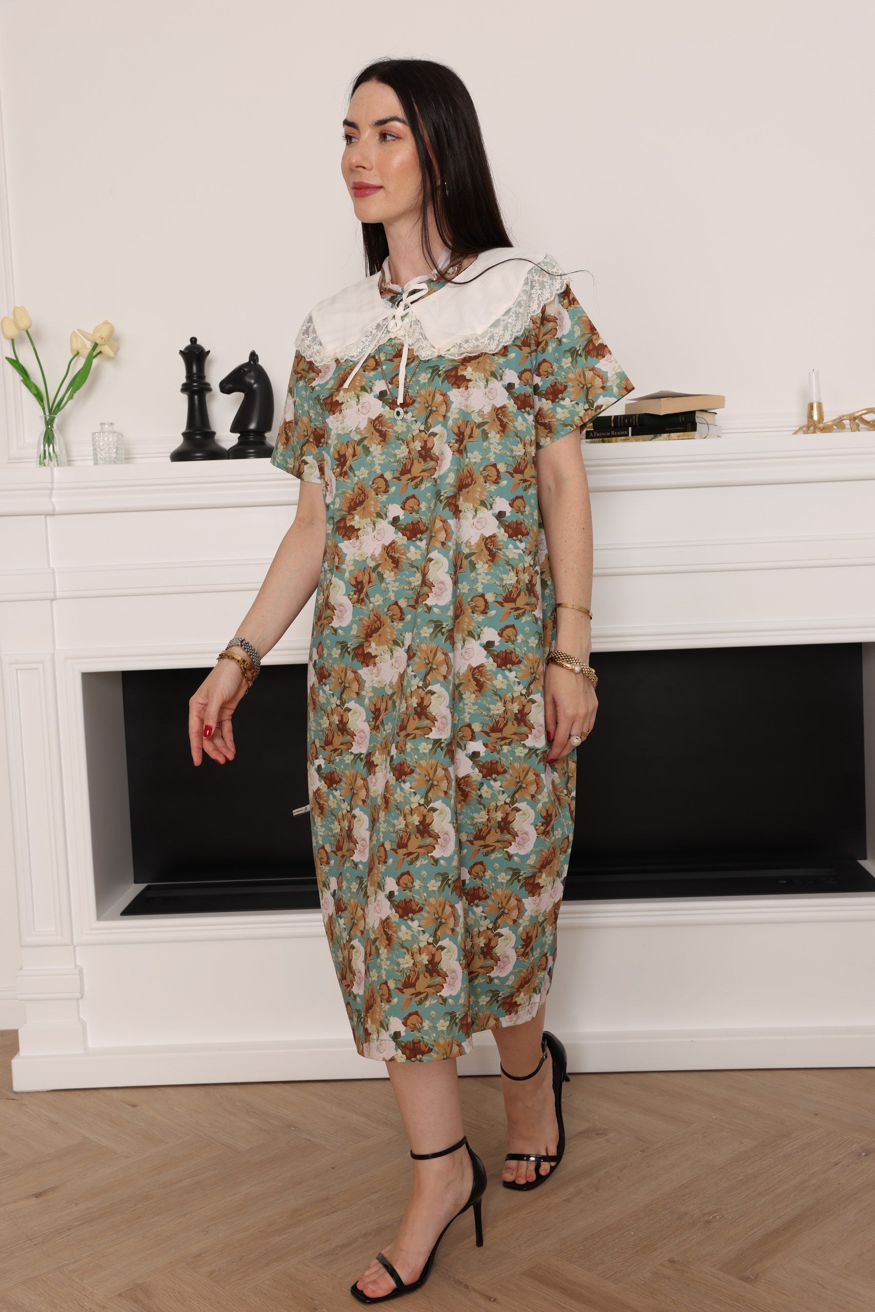 Women’s Floral Print Midi Dress with Statement Collar - Meemseen Independent