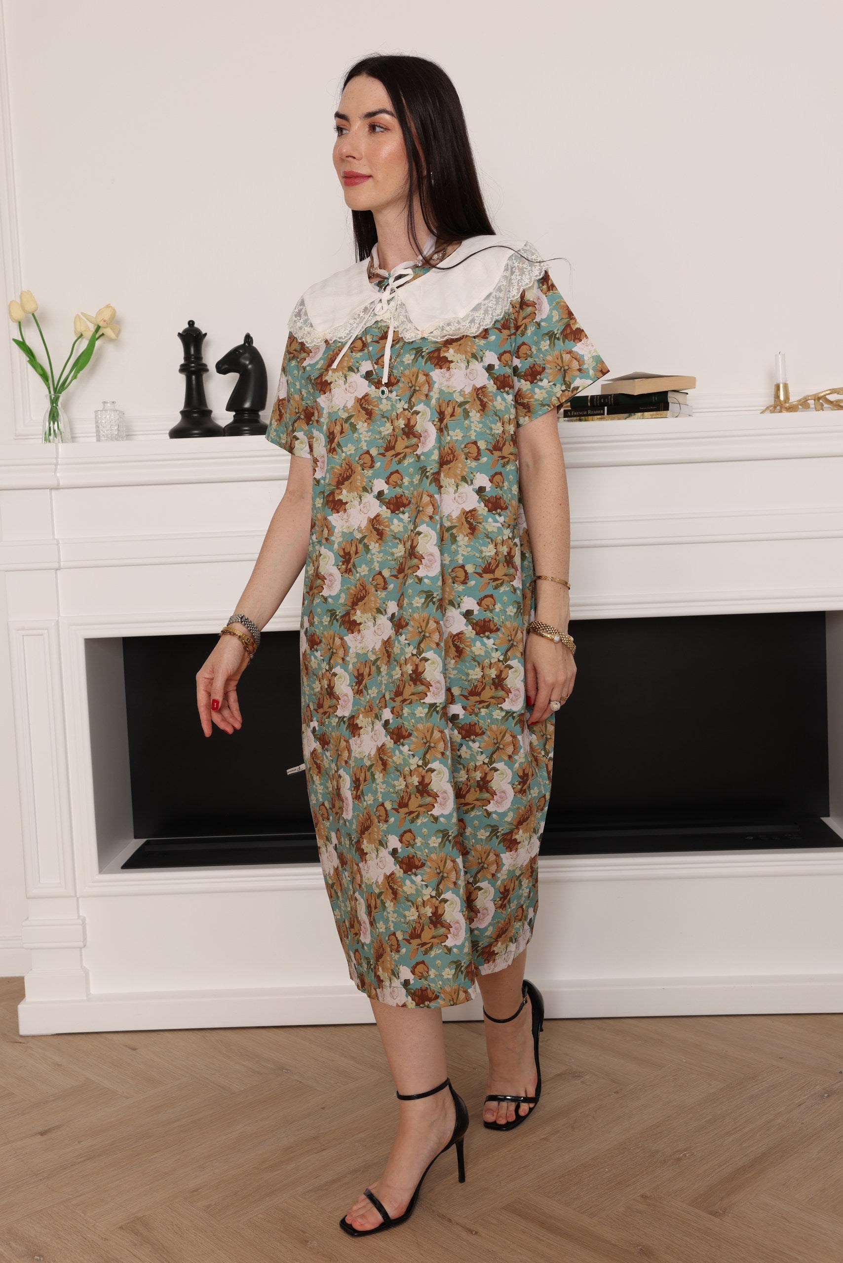Women’s Floral Print Midi Dress with Statement Collar - Meemseen Independent