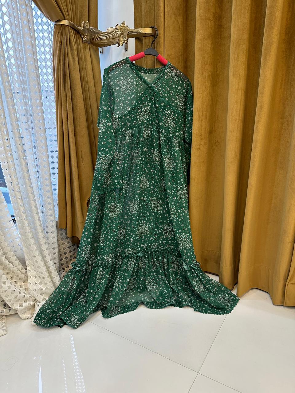 Emerald Bloom Chiffon 2 Piece Frock - Shadeforteen