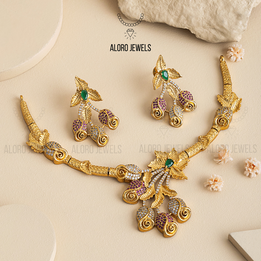 Gold Plated Floral Necklace With Earrings - Aloro Jewels
