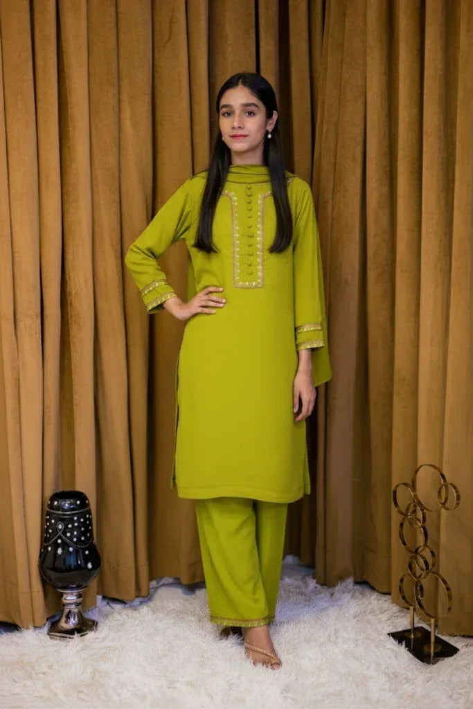 Lime Green Georgette 3 Piece Suit (Teens) - Shadeforteen