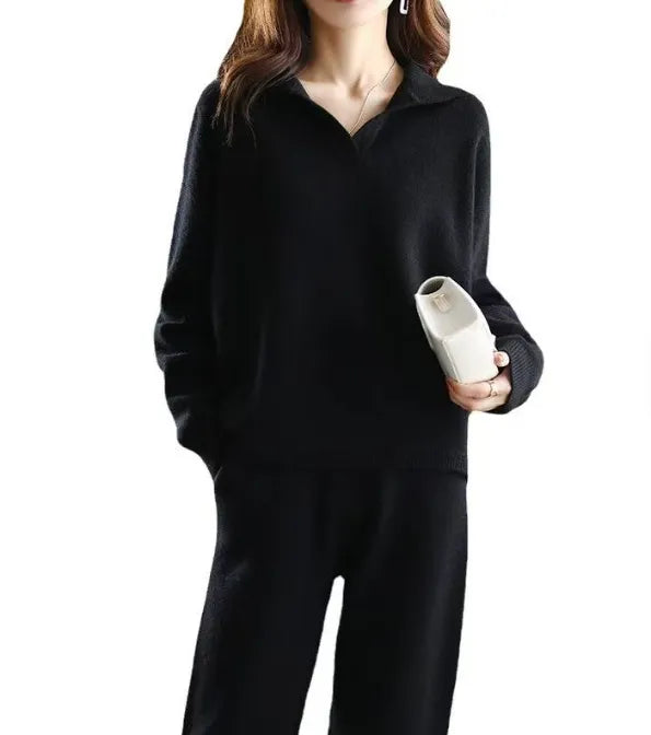 Warm Knit Sweater High-Waist Wide-Leg Pants Set - Velora