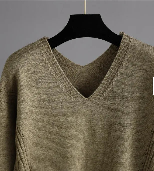 Women’s Solid Cable-Knit Sweater — V-Neck, Side-Slit Hem - Velora