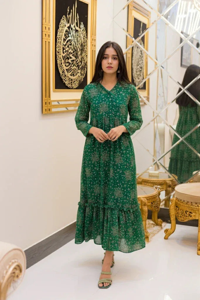 Emerald Bloom Chiffon 2 Piece Frock - Shadeforteen