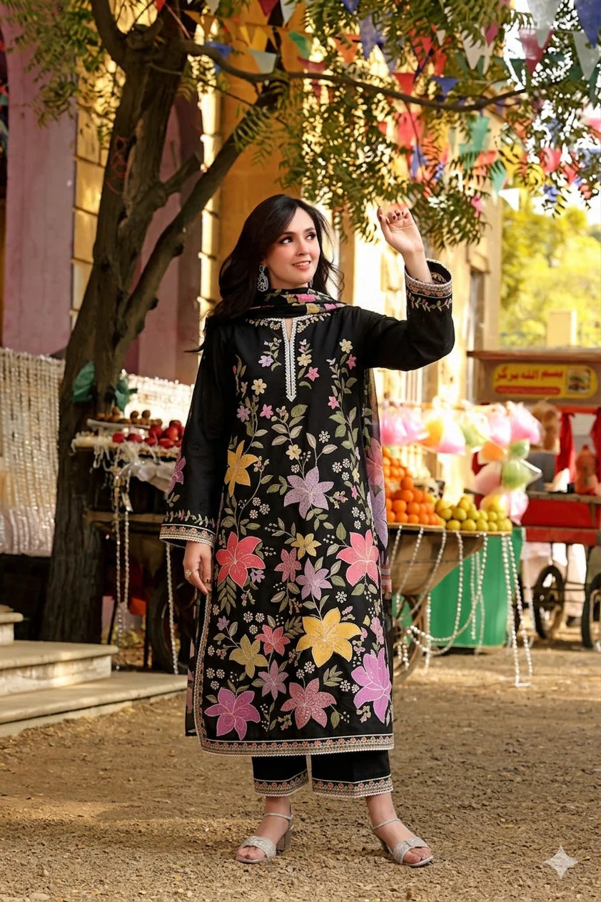 BLACK FLORAL 3PC EMB - Urban Haya